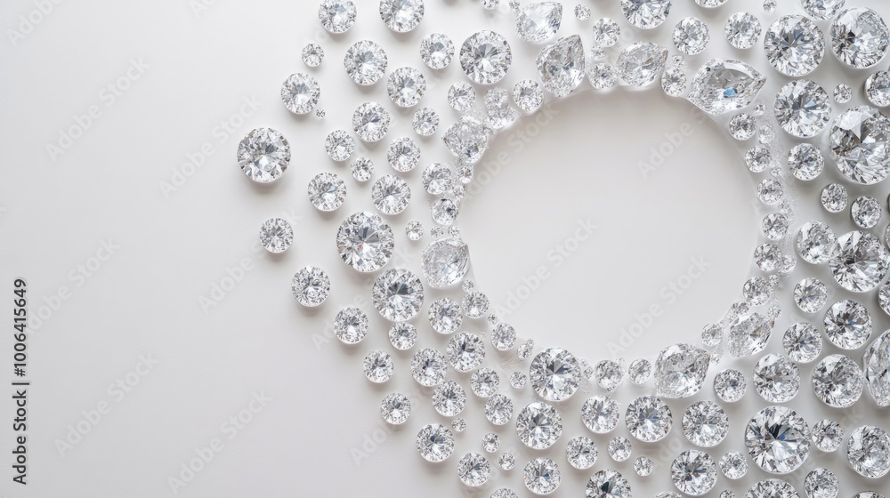 Intricate circle trail of diamonds creating a stunning visual on a sleek white background, with each gem shining brightly in the light Intricate circle trail of diamonds creating a stunning visual on a sleek white background, with each gem shining brightly in the light