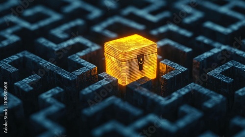 A glowing treasure chest hovering in the center of a complex maze, the value proposition as the ultimate reward for navigating challenges in business or life