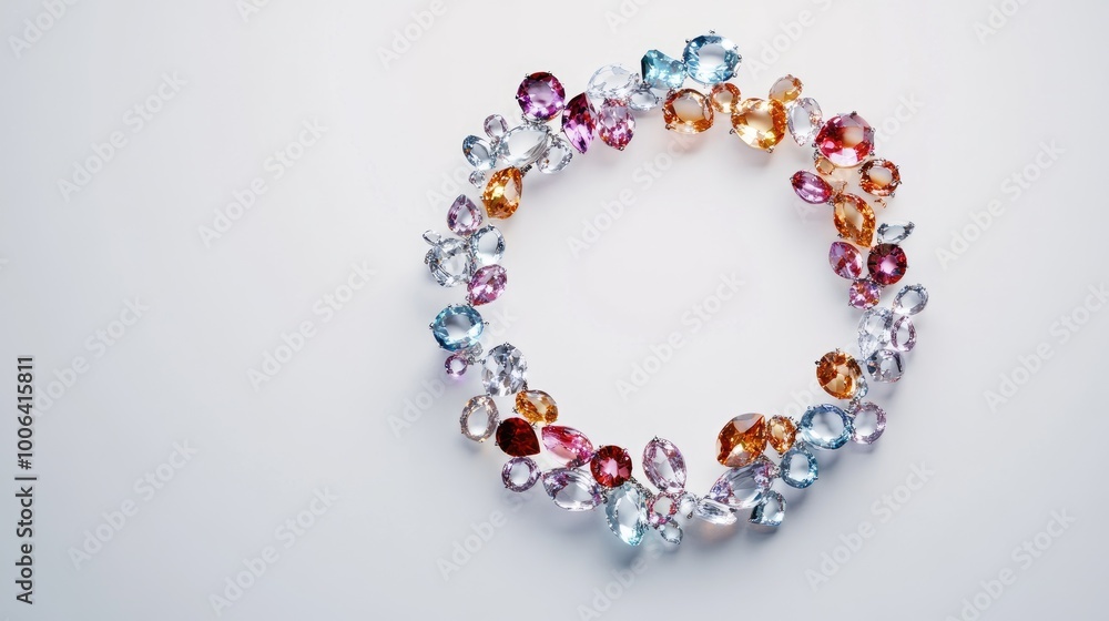 Luxurious rings and gemstones forming a stunning circular trail on a minimalist white background, creating a captivating design Luxurious rings and gemstones forming a stunning circular trail on a minimalist white background, creating a captivating design