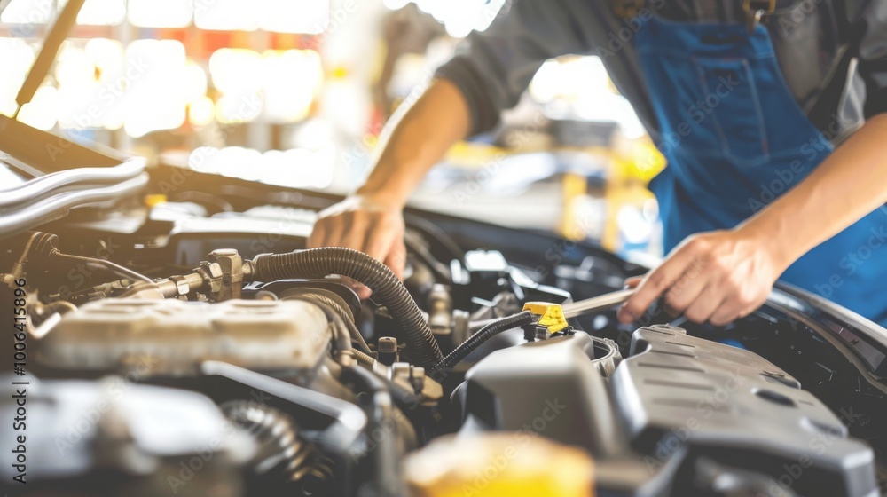 Mechanic inspecting engine with tools scattered around, symbolizing vehicle malfunction and repair process. Mechanic inspecting engine with tools scattered around, symbolizing vehicle malfunction and repair process.