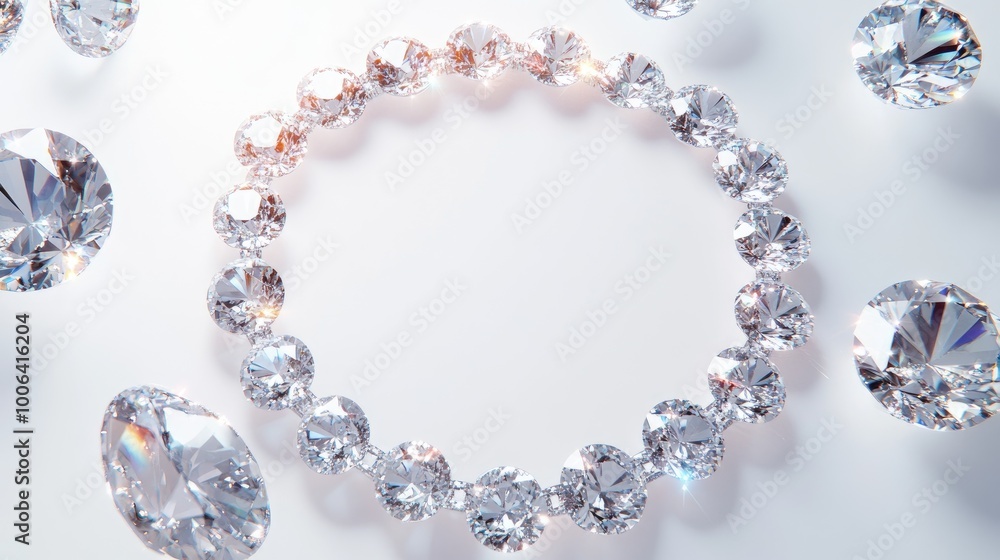Stunning diamonds arranged in a circle, forming a sparkling trail on a pure white background, creating a luxurious visual Stunning diamonds arranged in a circle, forming a sparkling trail on a pure white background, creating a luxurious visual