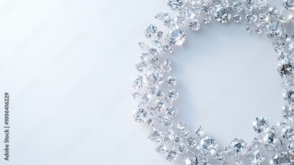 Stunning diamonds arranged in a circle, forming a sparkling trail on a pure white background, creating a luxurious visual Stunning diamonds arranged in a circle, forming a sparkling trail on a pure white background, creating a luxurious visual