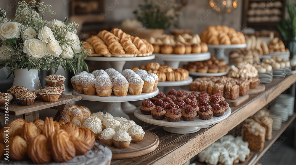 Baked Goods on Display, A bakery display filled with freshly baked goods like croissants, muffins, and cookies, beautifully arranged Baked Goods on Display, A bakery display filled with freshly baked goods like croissants, muffins, and cookies, beautifully arranged