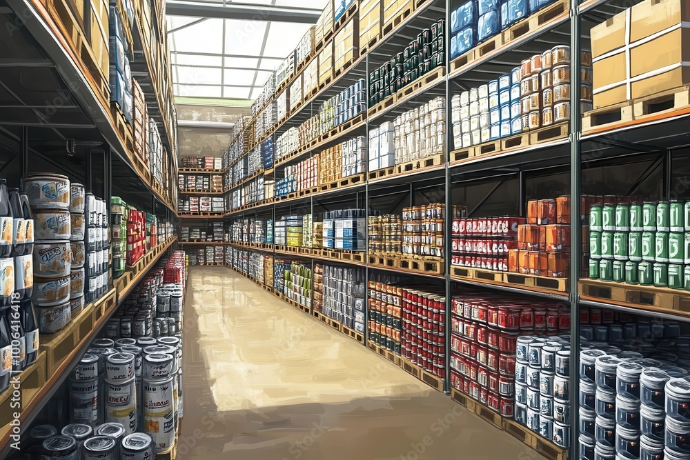 A spacious warehouse filled with colorful cans on shelves, showcasing organized inventory and bright lighting. A spacious warehouse filled with colorful cans on shelves, showcasing organized inventory and bright lighting.