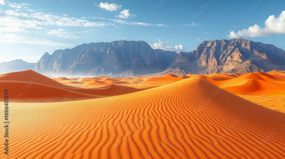 Naklejka premium A serene desert landscape with rolling sand dunes and distant mountains under a clear sky.