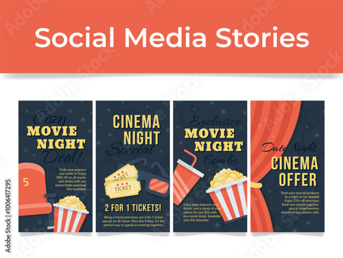 Cinema movie night special offer social media stories design template set vector flat