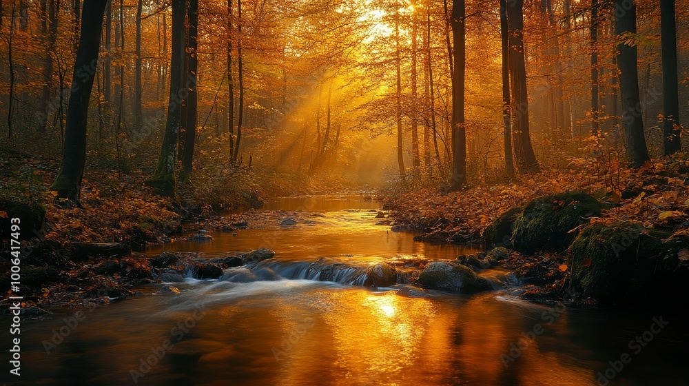 Obraz premium A serene forest scene with a flowing river and golden autumn light filtering through trees.