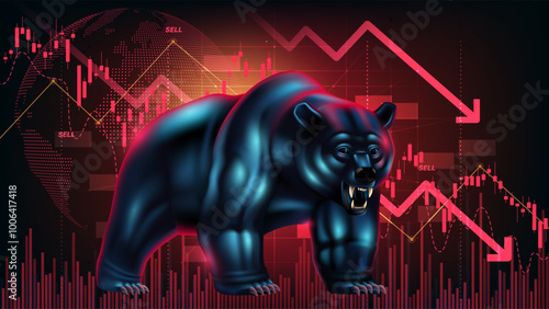 bearish market trend, Bear market illustration with aggressive bear and falling red trend lines. Stock market crash and economic downturn concept, vector illustration.