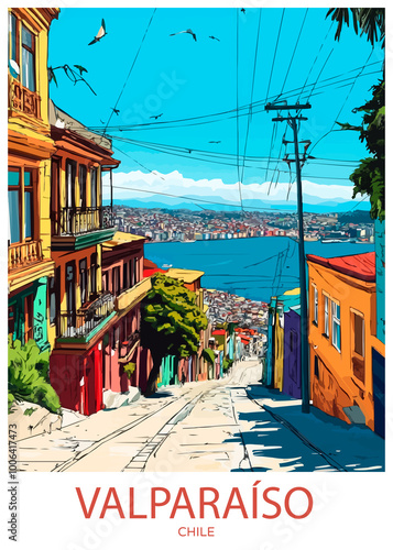 Valparaíso Chile Poster Illustration Travel Print Decor Gift Paper Canvas Wall Retro Art #1006417473