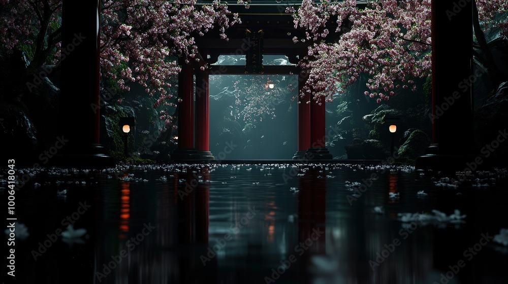 Tranquil scene of a pond reflecting cherry blossom-laden trees and traditional architecture, showcasing striking beauty and serene ambiance in nature's embrace. Tranquil scene of a pond reflecting cherry blossom-laden trees and traditional architecture, showcasing striking beauty and serene ambiance in nature's embrace.