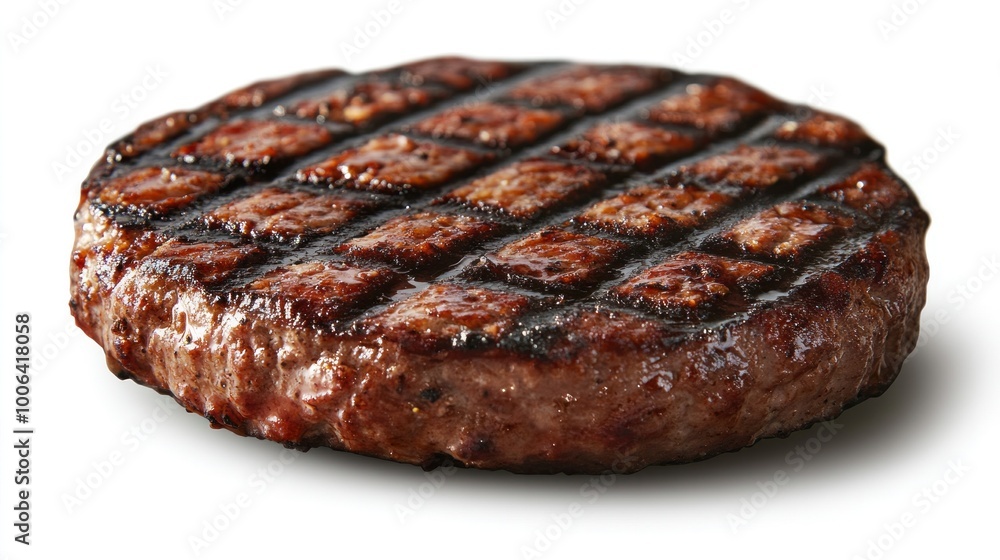 Grilled hamburger patty on white background with clipping path, charred texture and juicy flavor highlighted in a crisp presentation Grilled hamburger patty on white background with clipping path, charred texture and juicy flavor highlighted in a crisp presentation