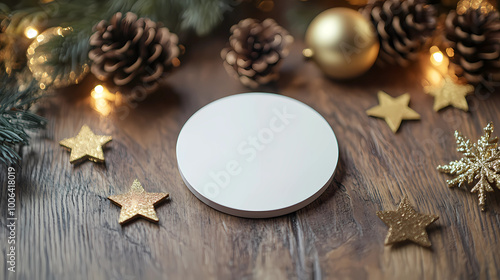 A round mockup of a white, blank token on a wooden table, with Christmas decorations in the background, including pine cones and golden stars. 