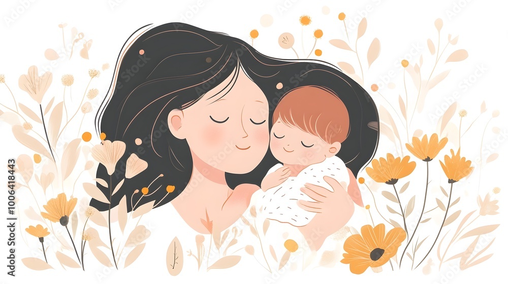 Loving Mother Embracing Her Baby Surrounded by Floral Nature Loving Mother Embracing Her Baby Surrounded by Floral Nature