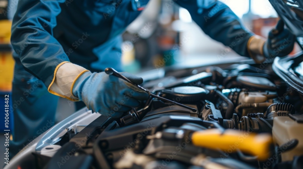 Mechanic inspecting engine with tools scattered around, symbolizing vehicle malfunction and repair process. Mechanic inspecting engine with tools scattered around, symbolizing vehicle malfunction and repair process.