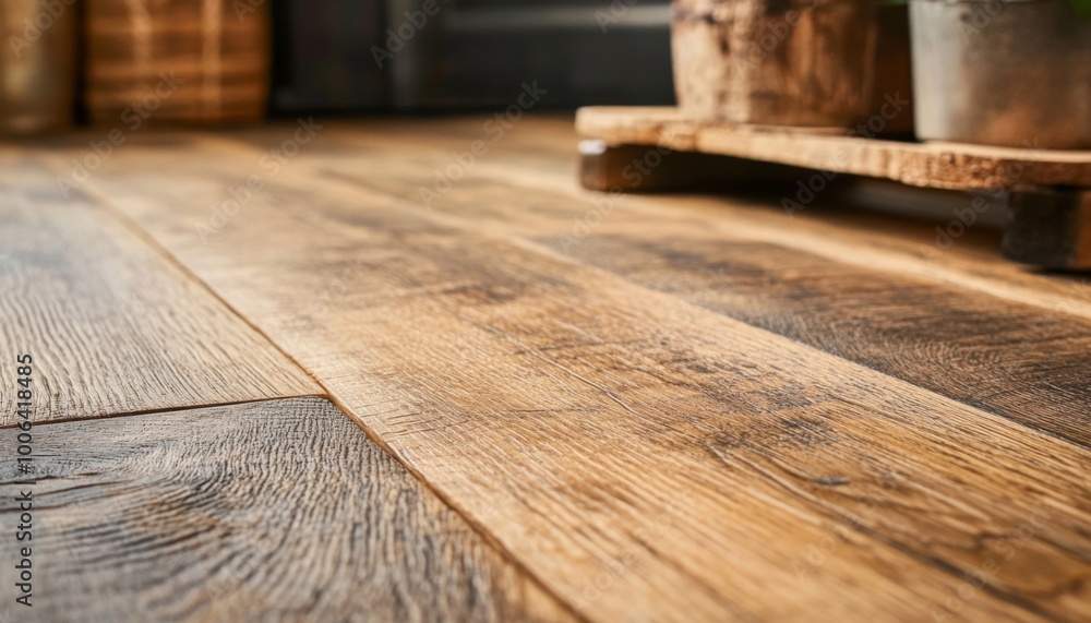 Close-up view of a wooden floor with a rustic finish.