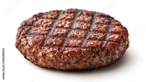 Grilled hamburger patty on a white background with clipping path, charred texture and juicy flavor showcased in a clean presentation