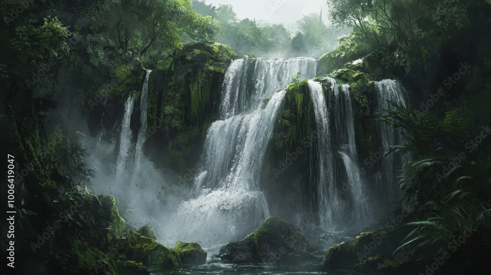 Fototapeta premium Dramatic waterfall cascading over moss-covered rocks in a thick jungle setting, with mist rising into the humid air. Realistic, very detailed