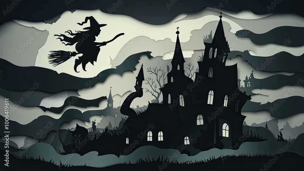 Flying Witch on a Broomstick Near an Old Church on a Moonlit Halloween Night Flying Witch on a Broomstick Near an Old Church on a Moonlit Halloween Night