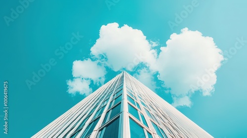 A striking perspective of a modern skyscraper reaching towards a clear blue sky with fluffy clouds floating above, showcasing urban architecture and design.