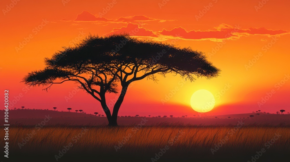 A serene sunset landscape featuring a solitary tree against a vibrant orange sky. A serene sunset landscape featuring a solitary tree against a vibrant orange sky.