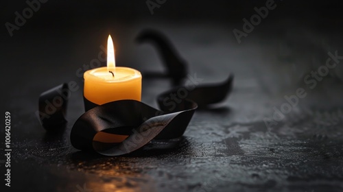 Burning black candle with a black ribbon wrapped around it on a dark background. Symbol of mourning, grief, solemnity.