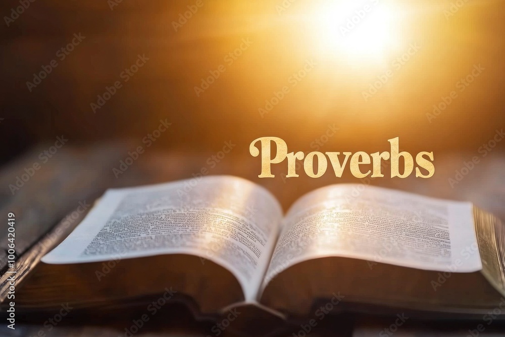 Obraz premium The word Proverbs in gold letters over an open scroll on a wooden table with light shining from the top.