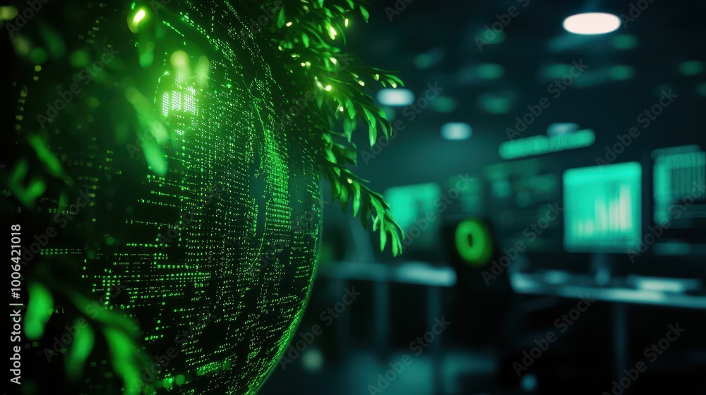 Futuristic technology blend with nature, green digital elements, abstract workspace background. Futuristic technology blend with nature, green digital elements, abstract workspace background.