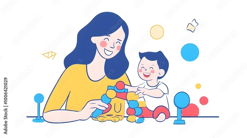 Joyful Mother and Child Playing with Colorful Wooden Blocks, Building Bonds through Nurturing and Joyful Mother and Child Playing with Colorful Wooden Blocks, Building Bonds through Nurturing and