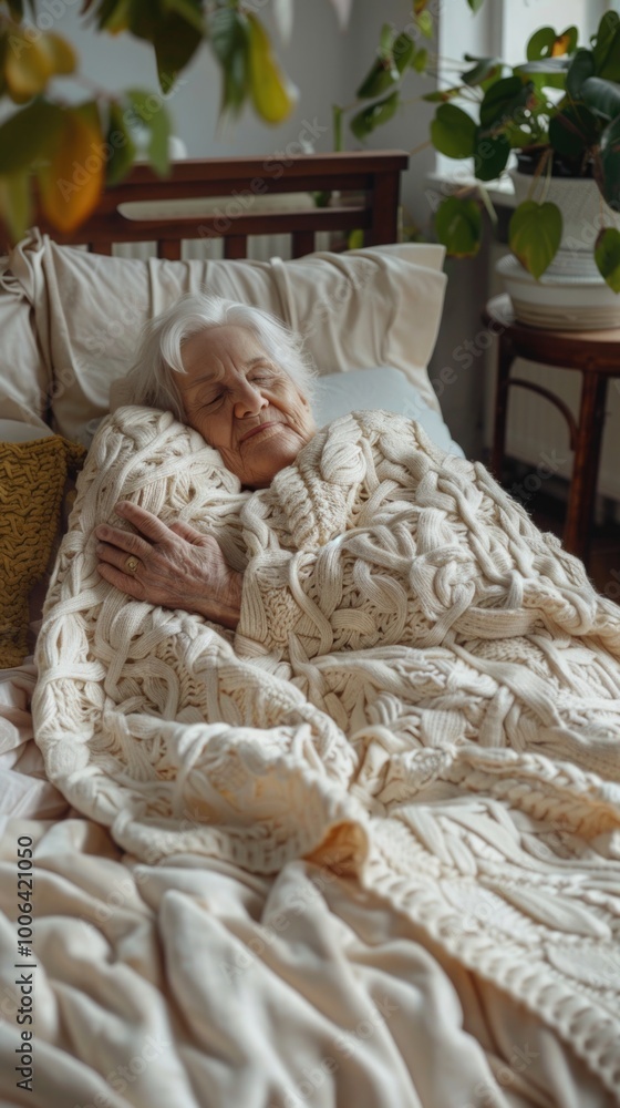 Elderly woman peacefully sleeping under a blanket in a cozy bedroom with soft natural light. rest and relaxation Elderly woman peacefully sleeping under a blanket in a cozy bedroom with soft natural light. rest and relaxation
