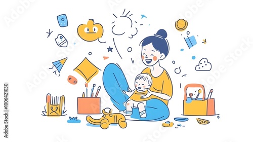 Mother spending time with child in cozy home environment with educational toys and crafts