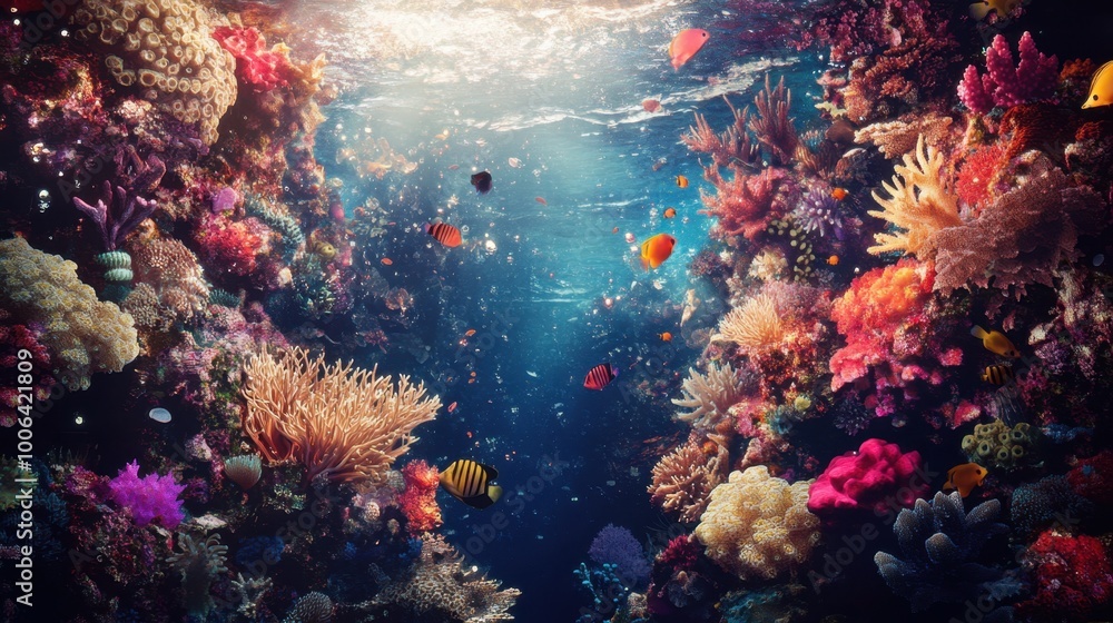 Fototapeta premium Floating coral reef illuminated by bioluminescent coral, the vibrant colors of underwater life contrast with the surreal white void background. Realistic, very detailed