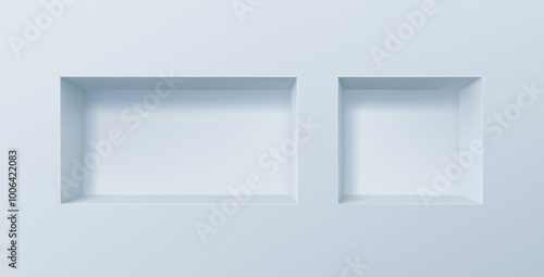 Blue 3d wall niches, empty rectangle shelves, showcase or display stand, vector interior design. Realistic niches or shelves in wall for product display, gallery exhibition, studio, showroom interior
