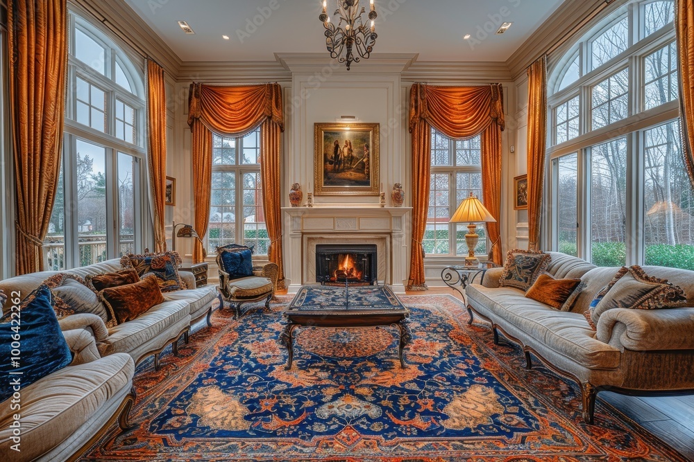 Fototapeta premium Traditional Living Room A classic living room with a fireplace, comfortable seating, and traditional decor. Include a large rug and elegant curtains. 