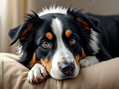 Illustrazione Border Collie disteso su cuscino. Generative AI photo