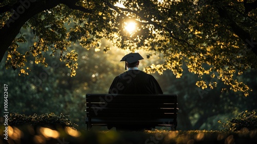 In a serene park setting, a graduate in cap and gown sits beneath sun-dappled leaves, embodying contemplation of past achievements and future aspirations.