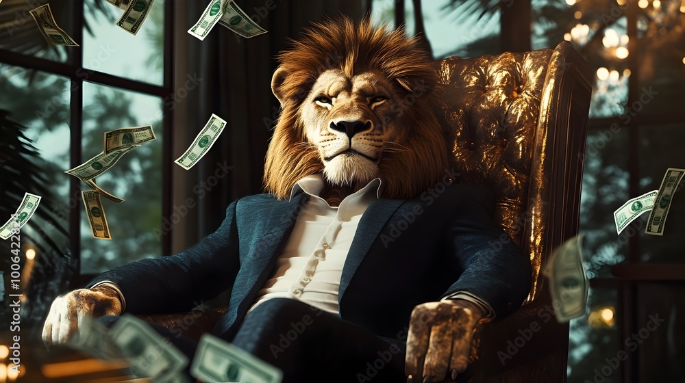 Prosperous Lion CEO Sitting on Throne with Money Raining Down Prosperous Lion CEO Sitting on Throne with Money Raining Down