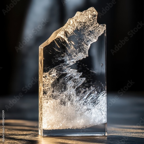 A unique crystal sculpture with a textured surface, showcasing intricate patterns against a soft, blurred background.