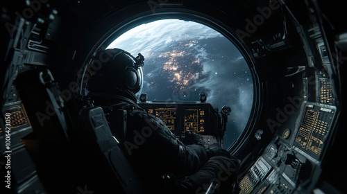 An astronaut in a space station cockpit looks out at Earth, with city lights visible on the surface, displaying a breathtaking overview of space travel's serenity and scale.