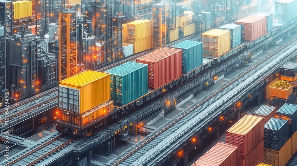 Cargo Train in Industrial Cityscape Cargo Train in Industrial Cityscape
