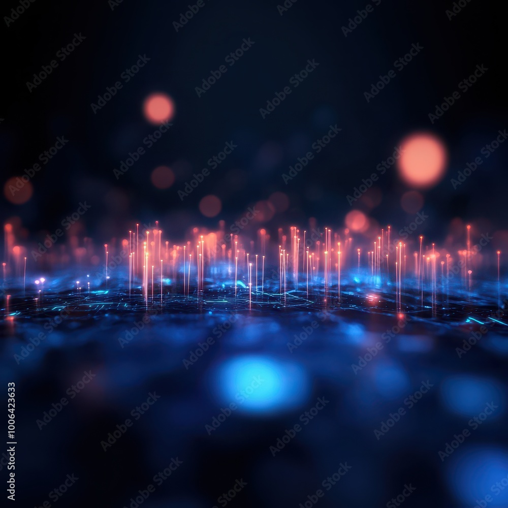 Abstract digital landscape with glowing nodes and particles in blue and red tones on a dark background. Abstract digital landscape with glowing nodes and particles in blue and red tones on a dark background.