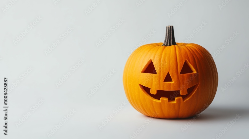 A carved pumpkin with a friendly face against a white background. A carved pumpkin with a friendly face against a white background.