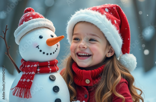 Happily laughing little girl in a red coat and Santa's hat posing next to a cute snowman in a red hat and a scarf. 
