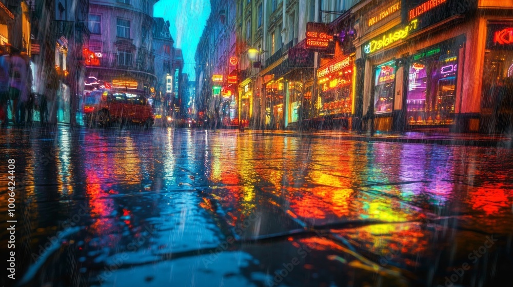 Fototapeta premium Neon Reflections: A City Drenched in Color