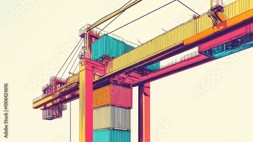 Vector illustration of a shipping crane lifting containers for freight transport. A colorful export-import theme without logos or people. photo