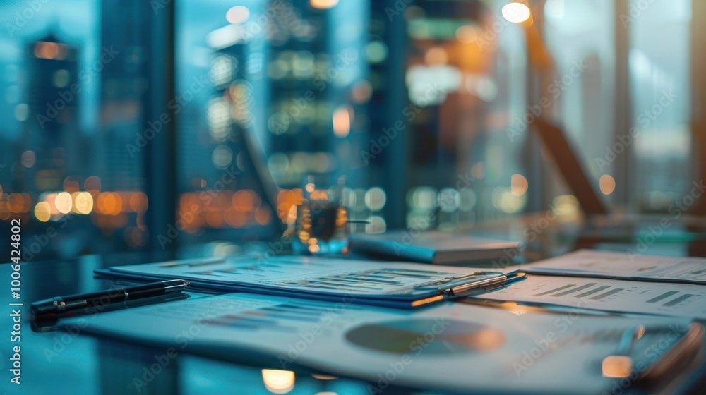 Financial Reports on a Desk with a City View Financial Reports on a Desk with a City View