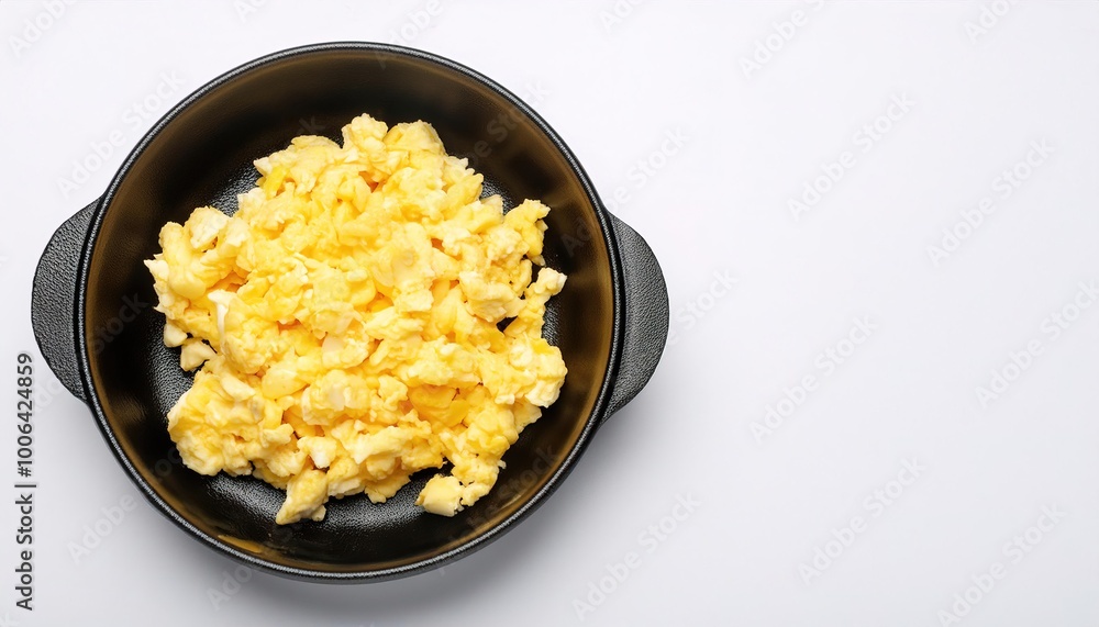 Scrambled eggs are made from chicken eggs. stirred, whipped, or beaten together typically with salt, butter, oil, pepper, and heated so that they form into curds. Isolated on white with copy space Scrambled eggs are made from chicken eggs. stirred, whipped, or beaten together typically with salt, butter, oil, pepper, and heated so that they form into curds. Isolated on white with copy space