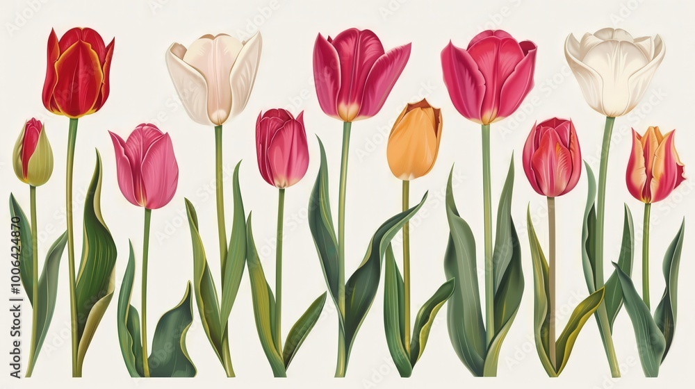 Tulip vibrant blooms in various poses, filling a clean white backdrop, ideal for digital design projects or floral-themed artwork. Tulip vibrant blooms in various poses, filling a clean white backdrop, ideal for digital design projects or floral-themed artwork.