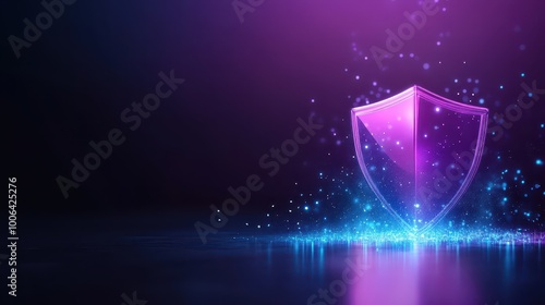 Digital shield symbolizing protection and security with vibrant purple glow on a dark background.