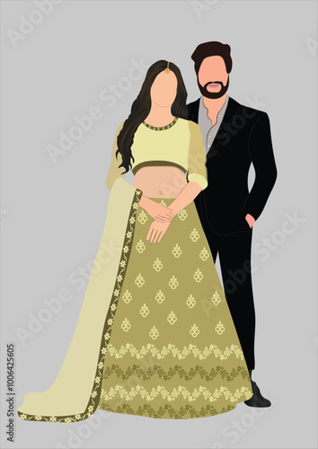 Indian wedding couple illustration for save the date, wedding e-invite cards