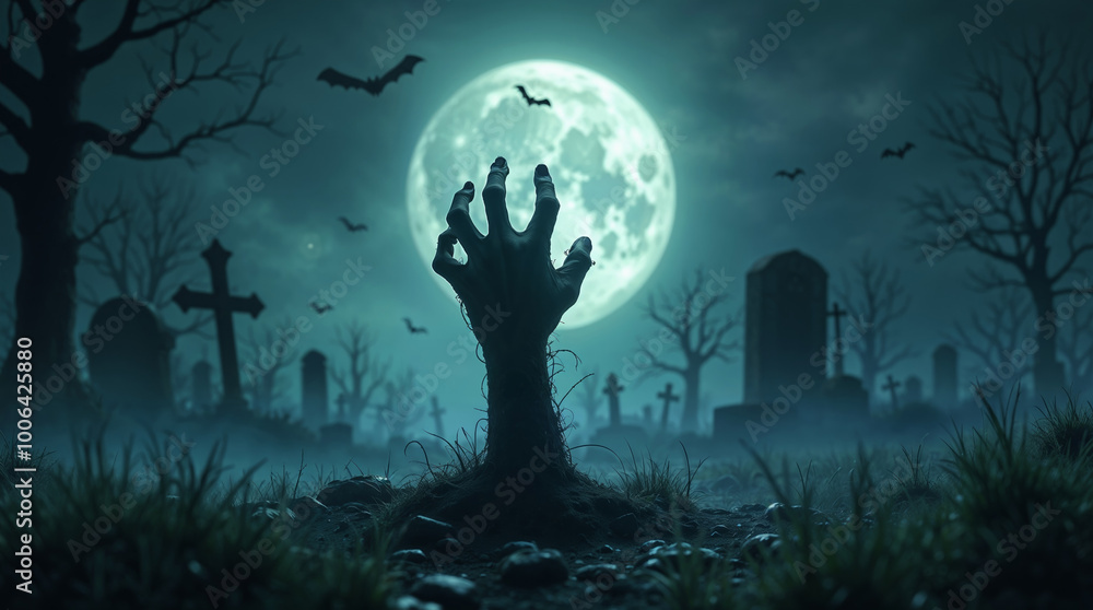 In a graveyard, a zombie hand rises from the earth In a graveyard, a zombie hand rises from the earth